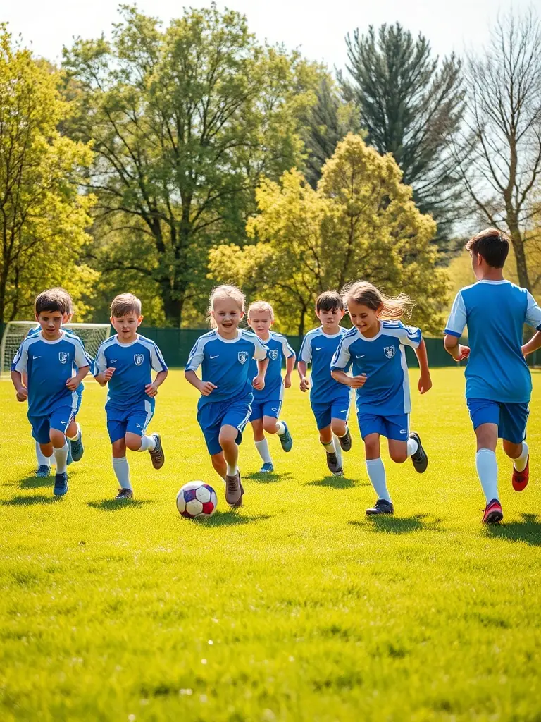 A group of children participating in a soccer training session on a sunny field, wearing CSAGA jerseys, with a coach providing guidance.