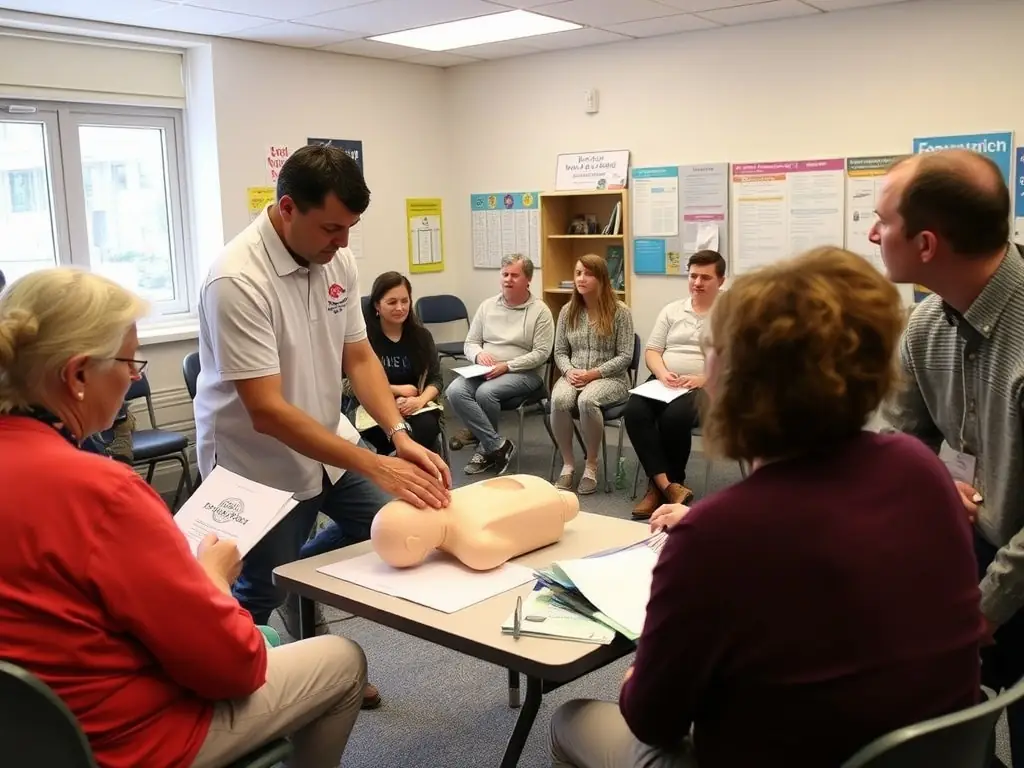 An instructor demonstrating first aid techniques to a group of community members in a training session.