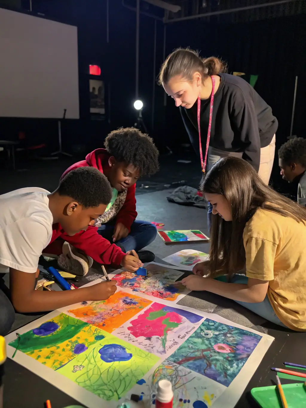 A vibrant painting class in progress, with participants of various ages creating colorful artwork under the guidance of an instructor.