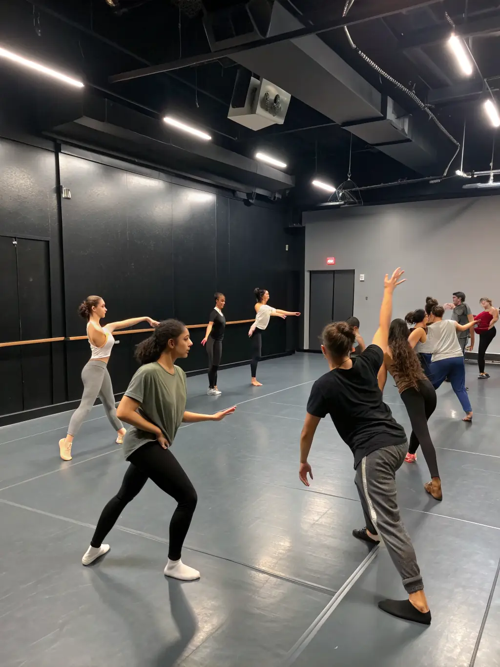 A group of adults participating in a dance class, learning various dance styles with an instructor leading the session.