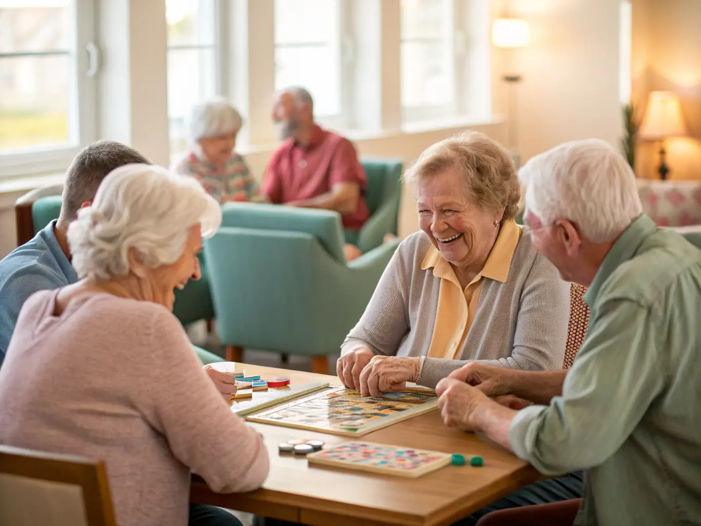 A group of people of different ages laughing and playing board games together in a brightly lit community center.