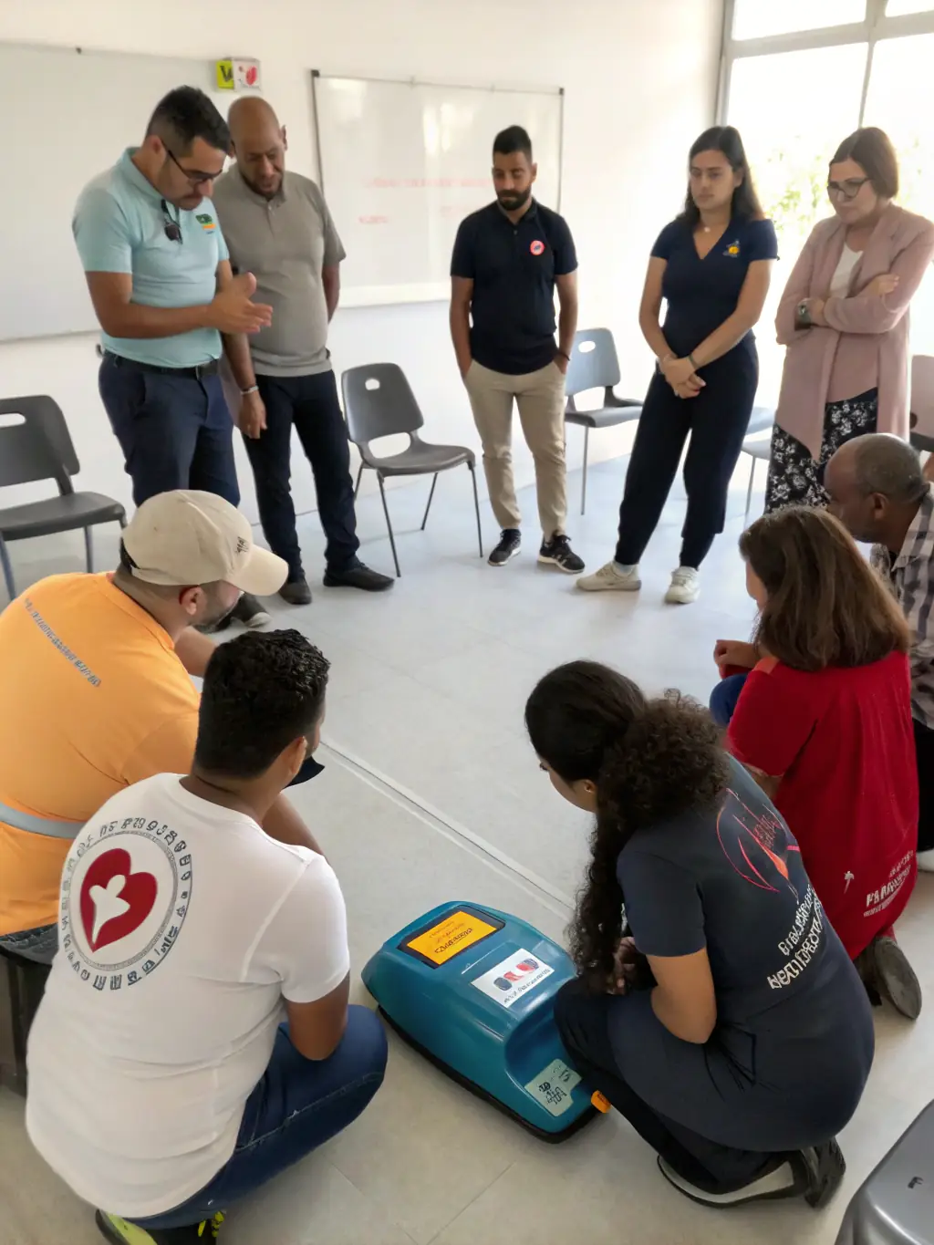 Participants in a first aid training session practicing CPR techniques on mannequins, with an instructor demonstrating proper procedures.